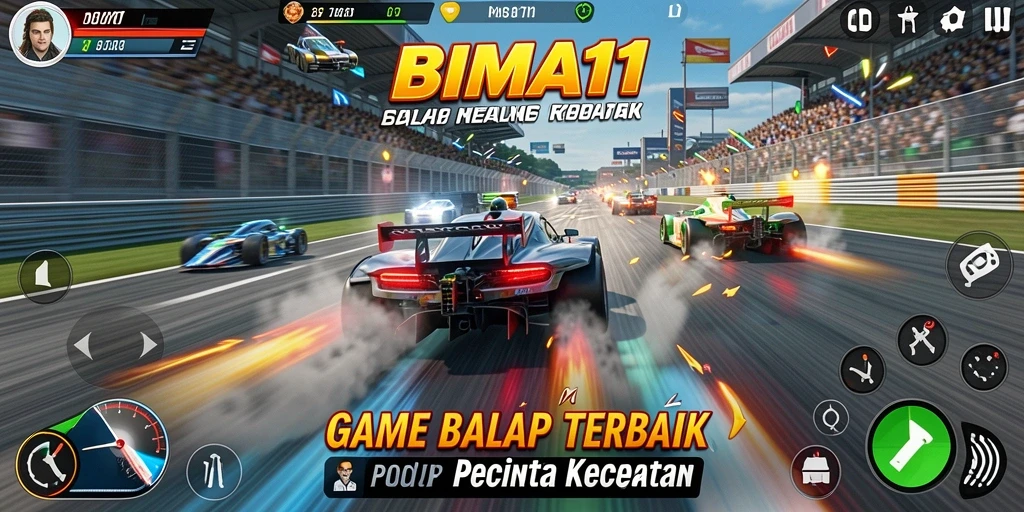 Screenshot gameplay BIMA11 menampilkan aksi balap yang penuh ketegangan.