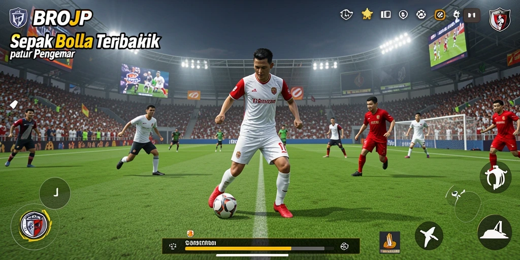 Gameplay BROJP yang menampilkan aksi sepak bola seru.