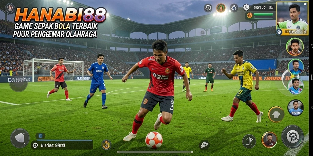 Screenshot utama HANABI88 menampilkan aksi seru di lapangan sepak bola.