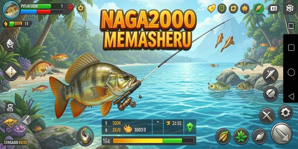 Screenshot gameplay NAGA2000 menampilkan aksi seru memancing di danau.