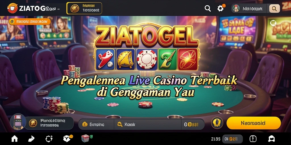 Screenshot gameplay ZIATOGEL yang menggambarkan dealer langsung dan permainan kasino.